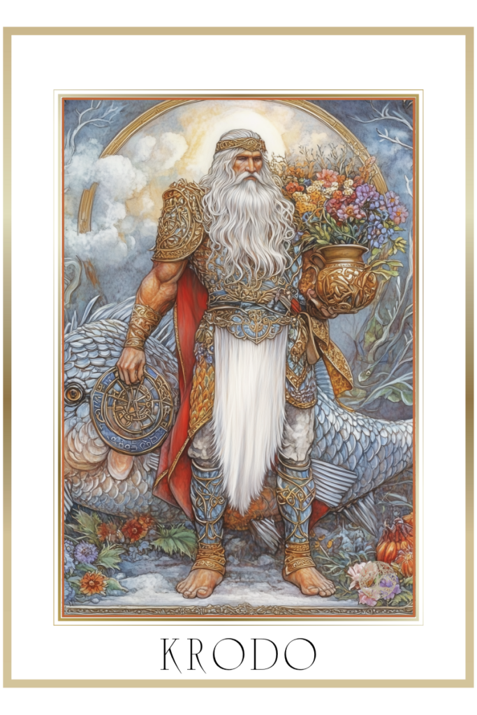 A detailed illustration of the Slavic god Krodo, standing barefoot on a large fish, holding a sun wheel and a pitcher of flowers and fruits.