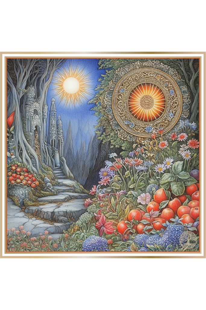 A mystical scene depicting the underworld, earthly life, and cosmic renewal, with a sun radiating from a bronze-gold wheel above a landscape of fruits and flowers.