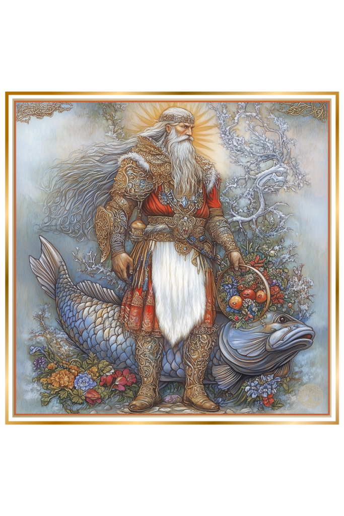 Illustration of Slavic god Krodo standing on a fish, holding a sun wheel and a basket of fruits and flowers, symbolizing life and renewal.