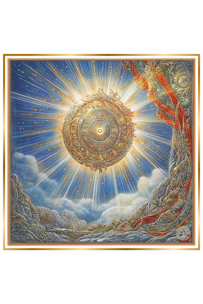 A bronze and gold-plated wheel radiating light, symbolizing the sun and eternal life renewal, surrounded by celestial patterns and elements of fire, water, earth, and air.