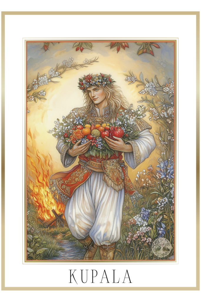 Kupala, the joyful god of summer, standing in a lush field holding summer flowers and ripe fruits, with a floral wreath on his head, a bonfire burning in the background, and surrounded by blooming plants and flowing water.