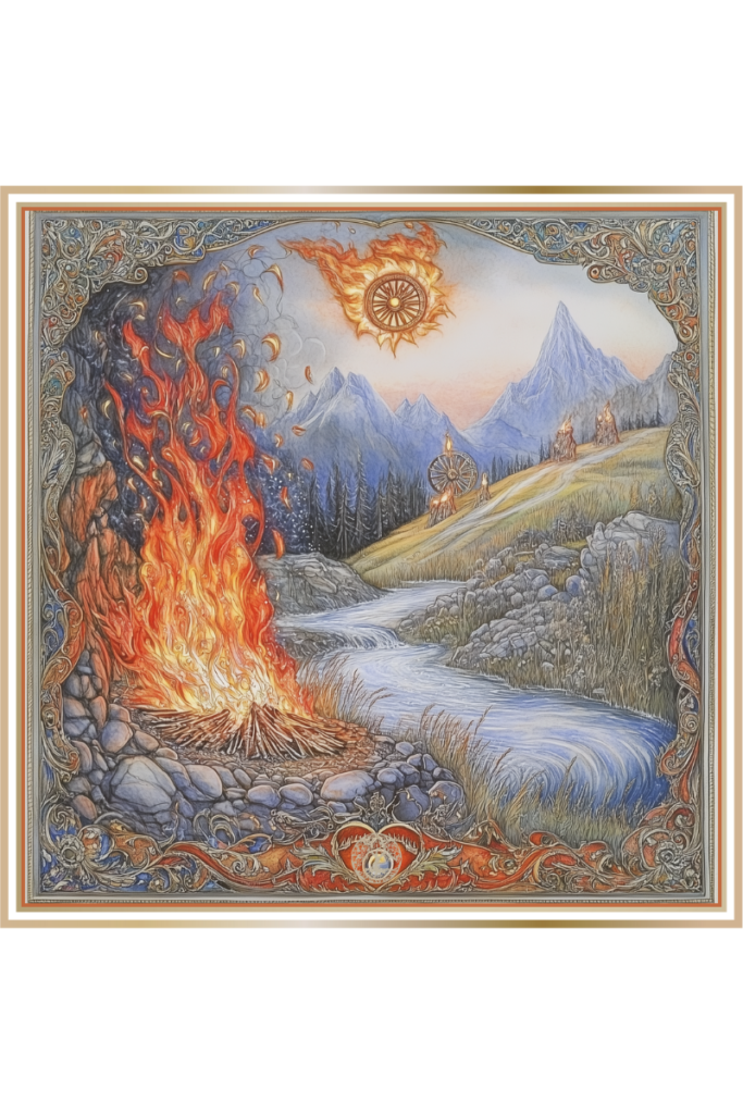 A blazing bonfire near a flowing river with a burning wheel rolling down a hill in the background, symbolizing the union of fire and water during Kupala's summer solstice rituals.