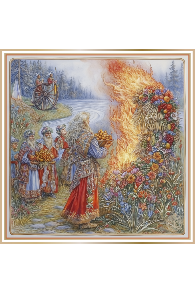 A Kupala festival scene showing people dressed in traditional clothing offering fruits to a burning effigy made of straw and flowers. A blazing fire and a flowing river are nearby, with a burning wheel rolling down a hill in the background.