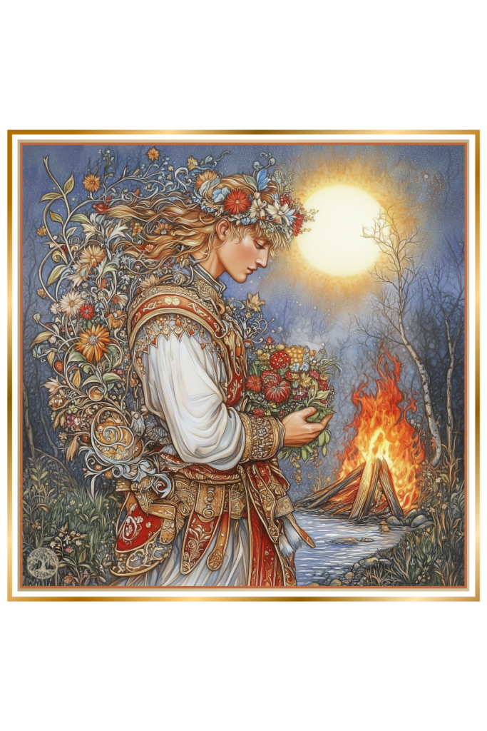 Kupala, the joyful god of summer, stands facing a bonfire with flowers and fruits in hand, wearing a wreath of bathing flowers. The sun shines brightly in the background, while a bonfire burns near a flowing stream.