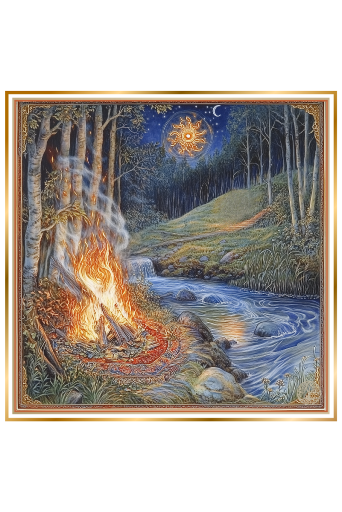 A blazing fire by a flowing river with sparks mixing with water droplets, symbolizing the union of fire and water in Kupala’s rituals. A burning wheel representing the sun's cycle rolls down a distant hill under a bright, celestial night sky.