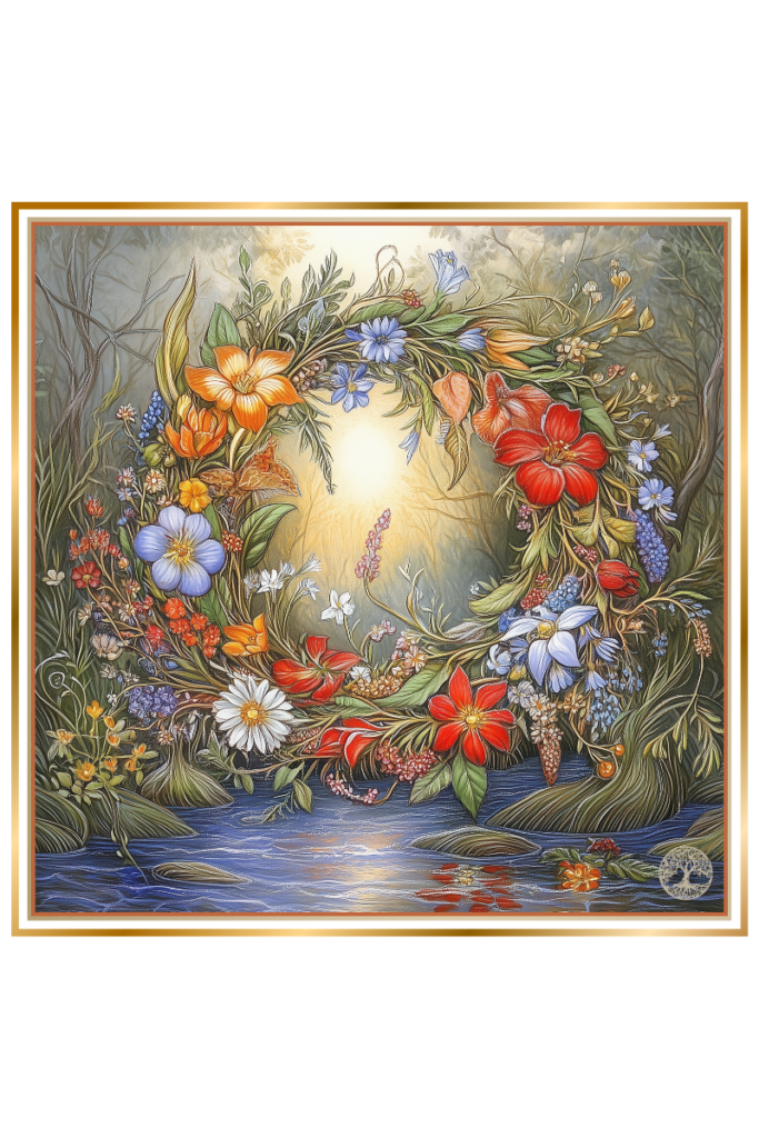 A vibrant floral wreath made of 'kupalnitsy' flowers, symbolizing fertility, love, and the summer solstice, floating gently on water surrounded by lush greenery and soft sunlight.