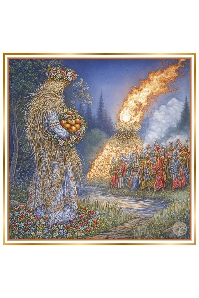 A straw effigy of Kupala, decorated with flowers and holding fruits, stands by a blazing fire during a summer festival. People dressed in traditional attire dance joyfully in the background near a burning wheel symbolizing the sun’s cycle.