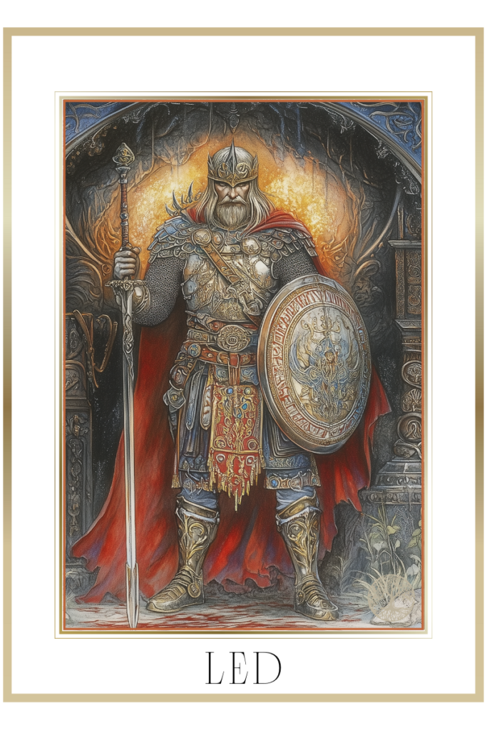 Led, the Slavic god of war, standing in a dark temple with blood-soaked floors, clad in full Slavic armor, wielding a sword, spear, and shield.