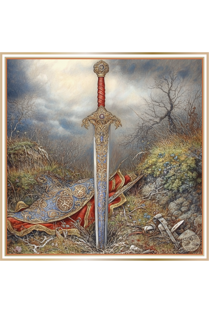 Solitary sword planted in the earth on a deserted battlefield, symbolizing Led’s power in Slavic war rituals, surrounded by broken shields and remnants of armor.