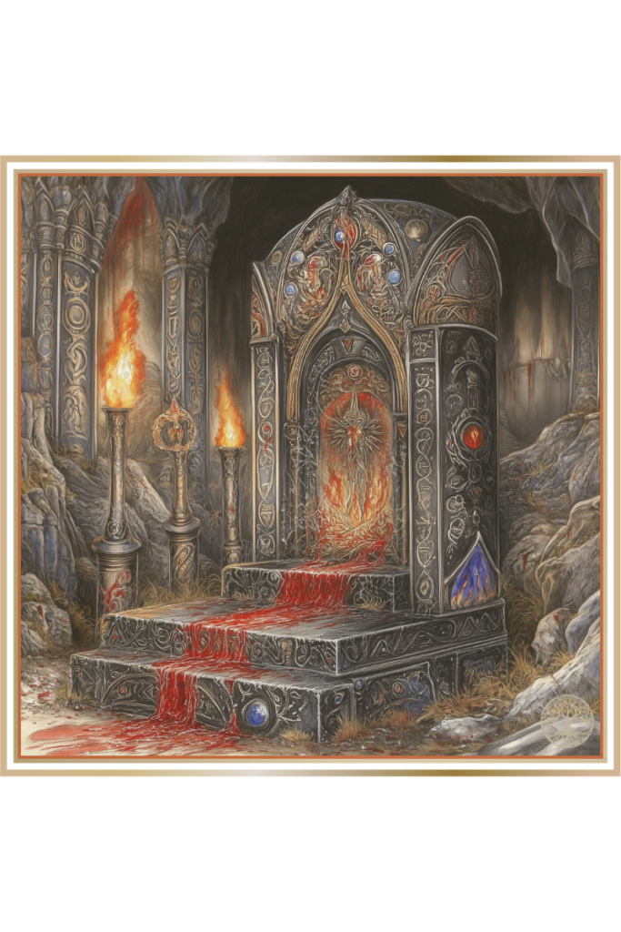 Black stone altar soaked in blood, surrounded by iron objects in a dark temple with flickering torches, symbolizing Led’s role in war and blood sacrifices.