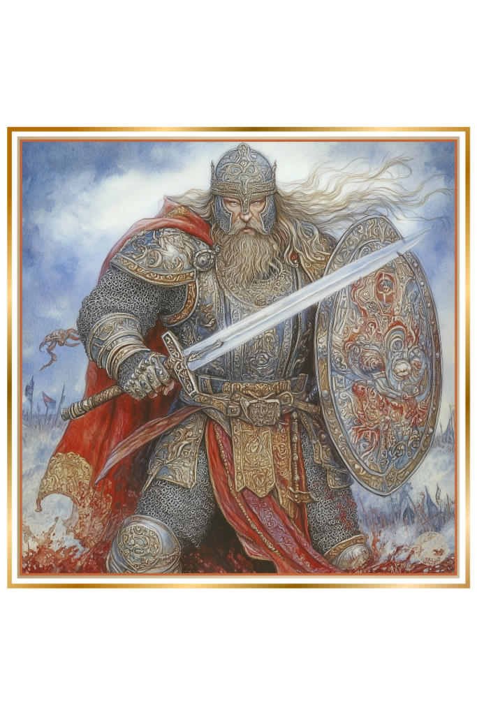 Led, the Slavic god of war, stands tall in full armor, holding a sword and shield, with blood-soaked ground beneath him, symbolizing his role in war and bloodshed.