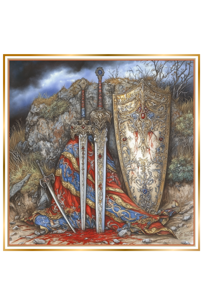 Slavic-style sword, spear, and shield embedded in a bloodstained battlefield beneath a stormy sky, symbolizing Led’s presence as the god of war.