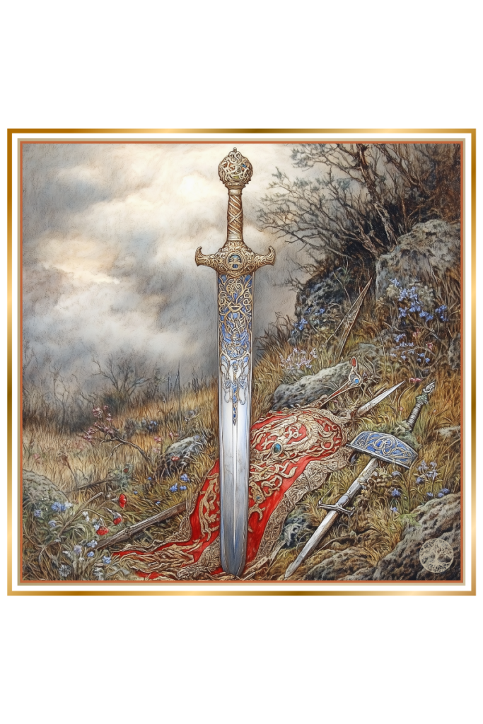 A solitary sword deeply planted in the earth on a deserted battlefield, surrounded by broken shields and armor, symbolizing Led’s power in war.