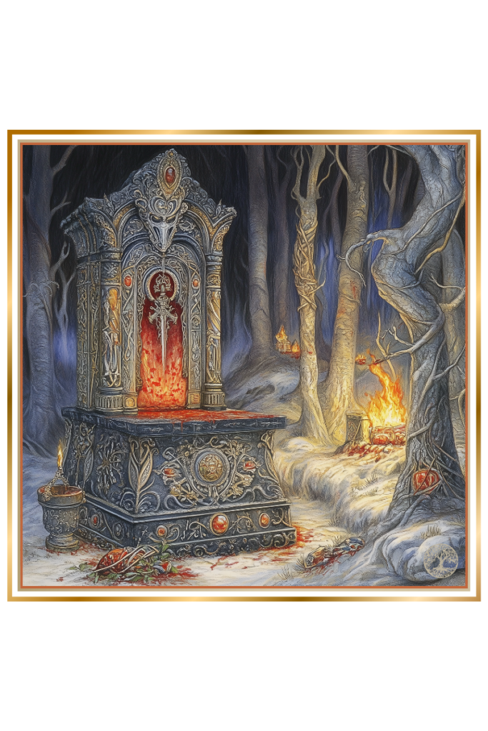 Black stone altar covered in bloodstains, surrounded by iron objects, in a dark forest temple. Flickering torches and Slavic runes evoke Led’s presence in war and blood sacrifices.