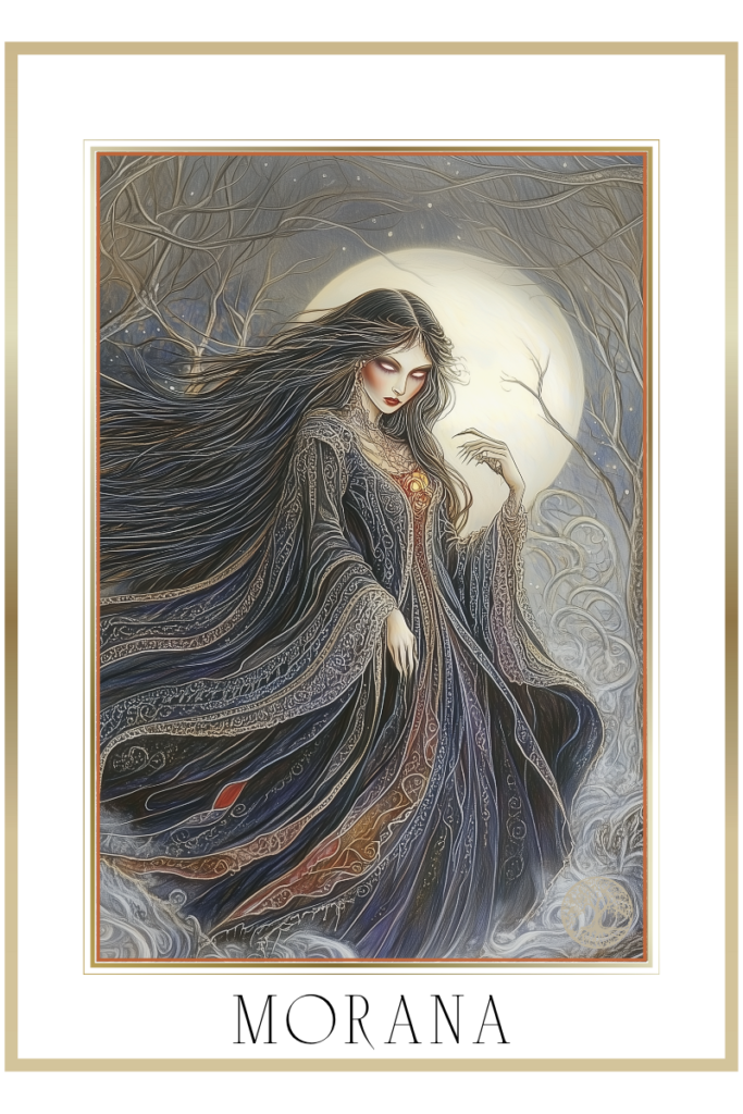 A haunting depiction of Morana, Slavic goddess of death, standing in a desolate forest under the moonlight, with flowing black hair and billowing ghostly robes.