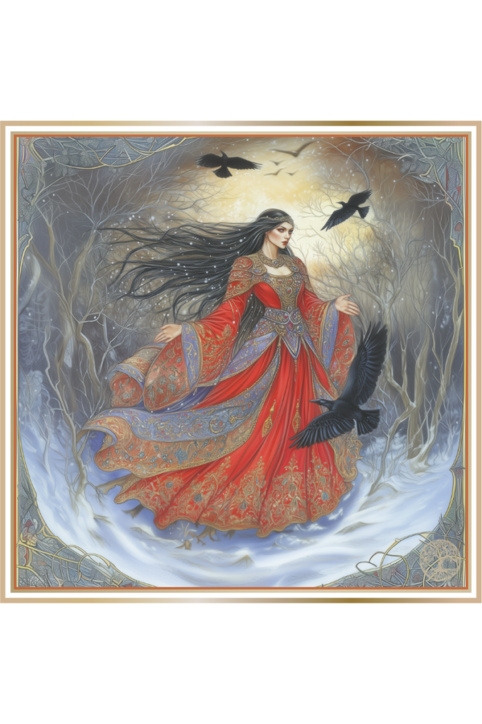 Morana, Slavic goddess of death, stands in a flowing red gown with black birds circling around her, summoning the power of death and winter in a barren, frozen landscape.