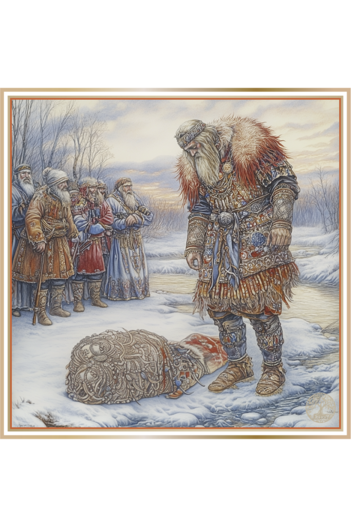 A solemn Slavic ritual where villagers prepare to drown an effigy of Marena at the end of winter, symbolizing the cycle of death and rebirth.