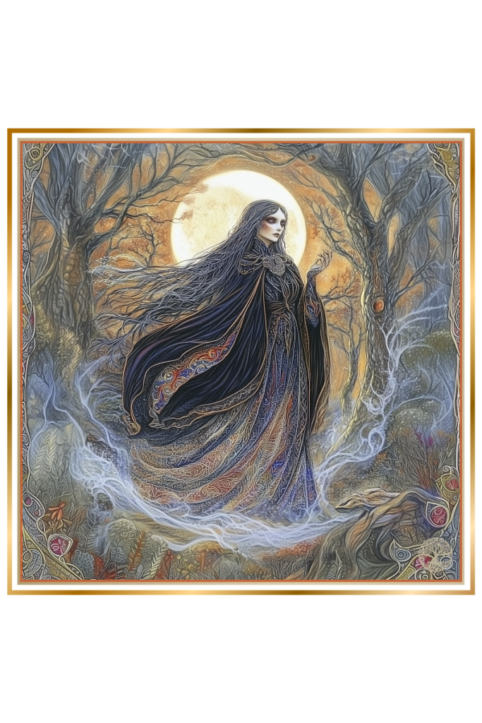 Morana, Slavic goddess of death, stands in a fog-covered forest under the moonlight, with flowing black hair and ghostly robes.