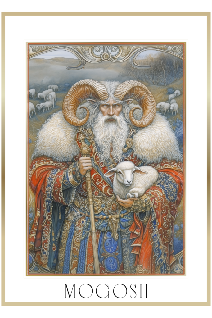 Mogosh, deity of small livestock, with ram horns and a sheepskin coat, holding a shepherd’s crook and a lamb.