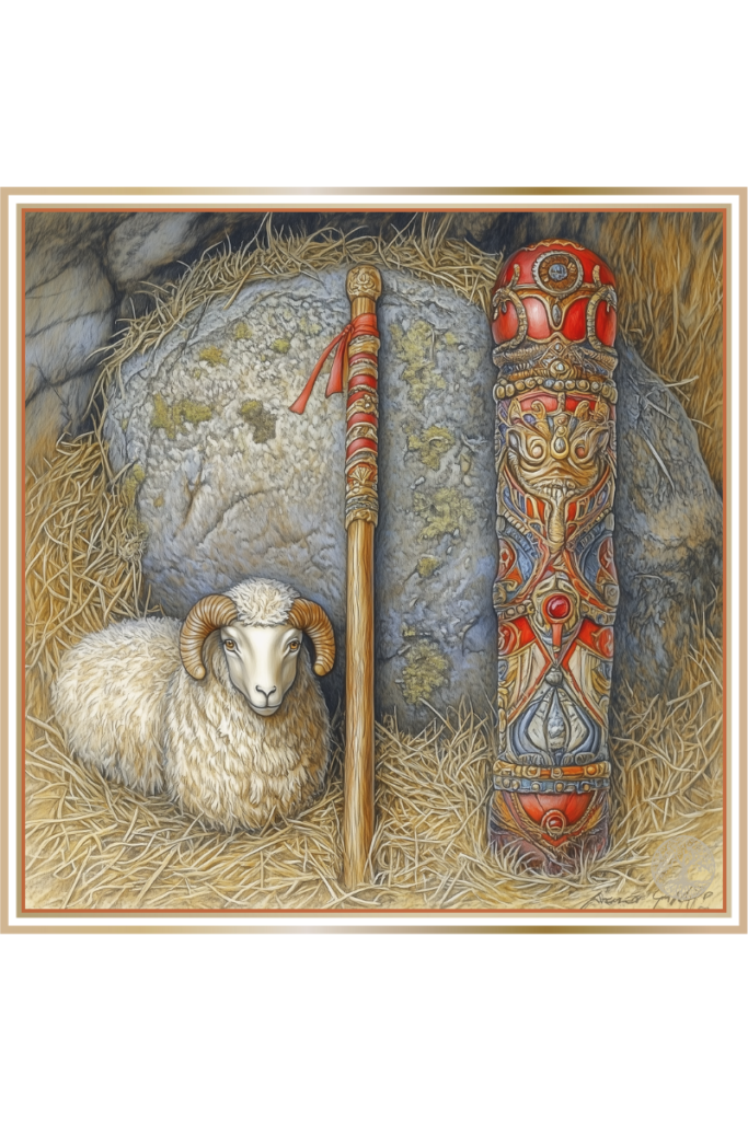 A ram, shepherd’s crook, and ornately carved totem resting in straw.