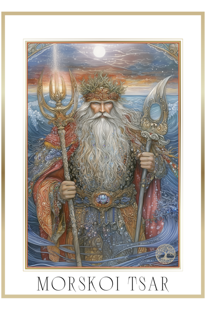 Morskoi Tsar, the ancient sea king, stands tall holding a trident and paddle, wearing a crown of seaweed and coral, with the ocean and towering waves behind him.