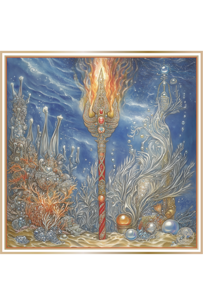 A gleaming trident stands on golden sand in a deep underwater realm, surrounded by coral, seaweed, pearls, and amber, symbolizing the power of Morskoi Tsar.