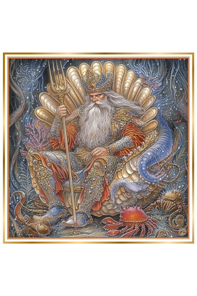 Morskoi Tsar, the ruler of the seas, sits on a throne made of seashells, holding a trident. He is adorned with a crown of seaweed, and marine creatures like crabs and fish surround him in his underwater realm.