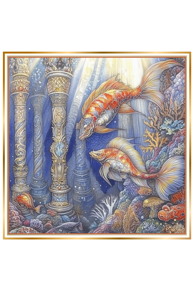 Majestic underwater scene with giant fish and ornate coral pillars, illuminated by sunlight, symbolizing Morskoi Tsar's dominion over the sea.