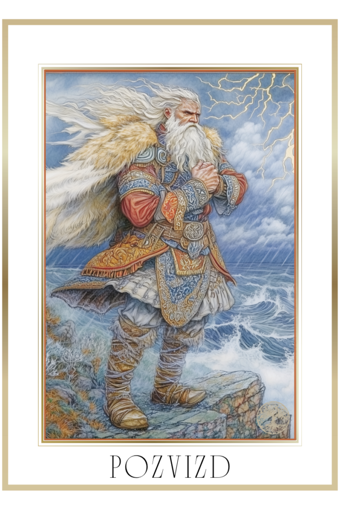 Pozvizd, Slavic god of storms, stands on a rocky cliff amidst a violent tempest, lightning illuminating the sky.