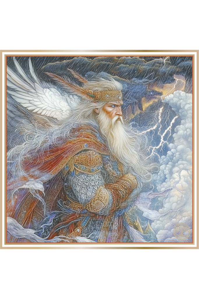 Pozvizd, Slavic god of storms, stands amidst a violent storm, with wings unfurled and lightning cracking around him.