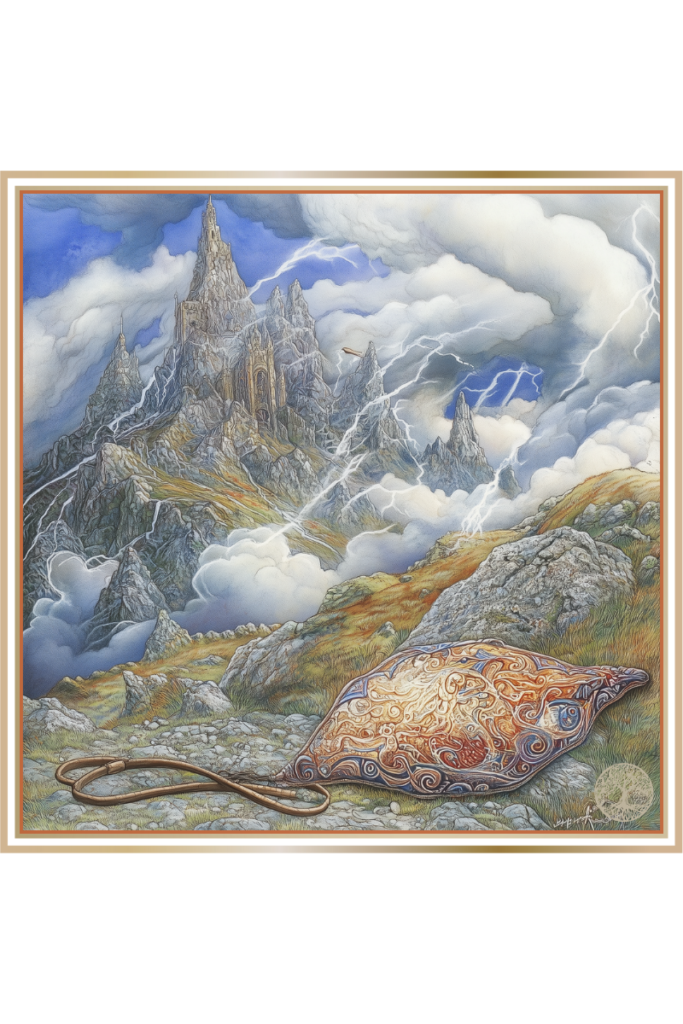 Pozvizd’s batog, fur sack, and cloak with wings lie on a stormy mountainside, with lightning striking the sky.