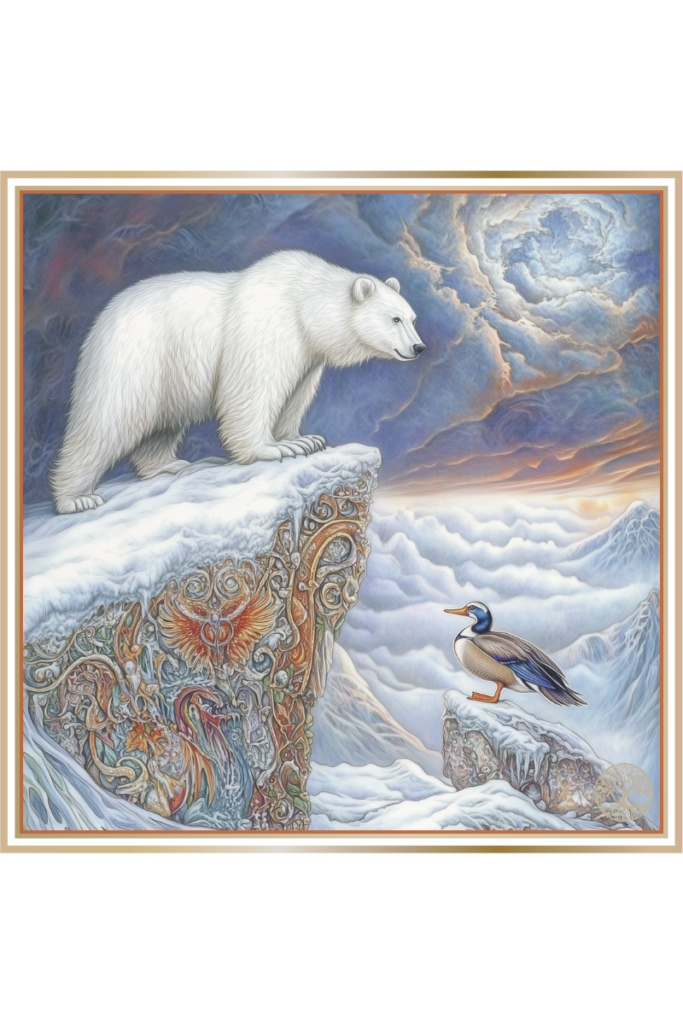 A white bear and an eider duck stand on snow-covered cliffs beneath a stormy sky, representing the sacred animals of Pozvizd.