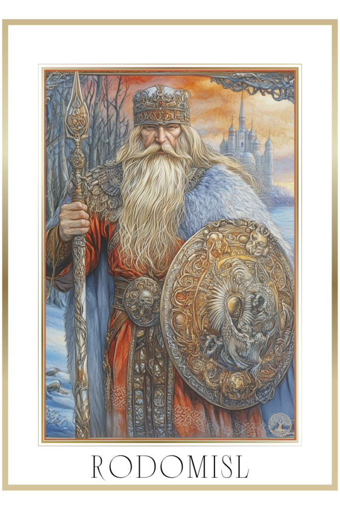 Rodomisl, Slavic god of wisdom and law, holding a shield and spear in front of a temple by the Baltic Sea.