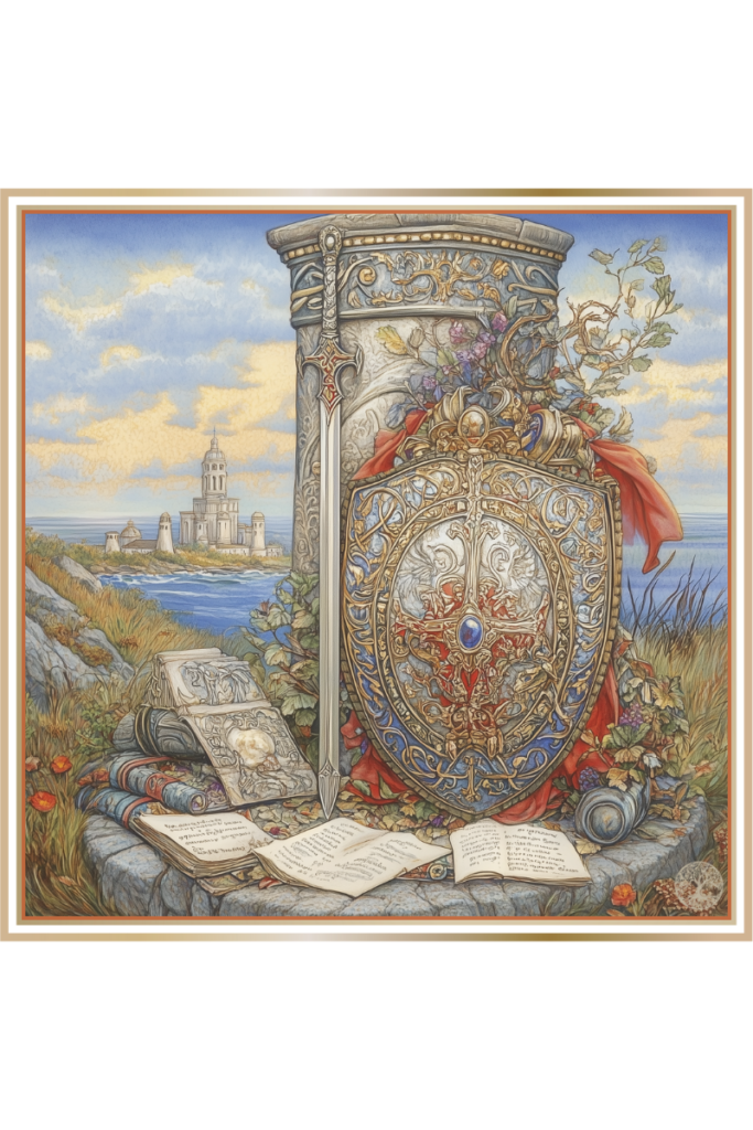 Intricately decorated shield and spear resting against a stone pillar with scrolls and legal tablets, overlooking a Baltic coastline with distant temples.