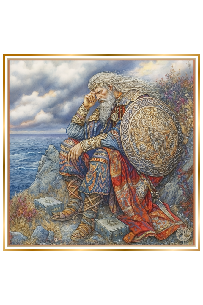 Rodomisl, Slavic god of wisdom, sits thoughtfully with a shield and spear, overlooking the Baltic Sea under stormy skies.