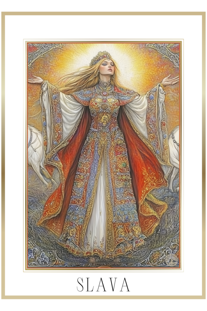 Slavic goddess Slava in ornate robes, arms raised to the sky, with solar symbols, horses, and a rooster representing her sun cult.