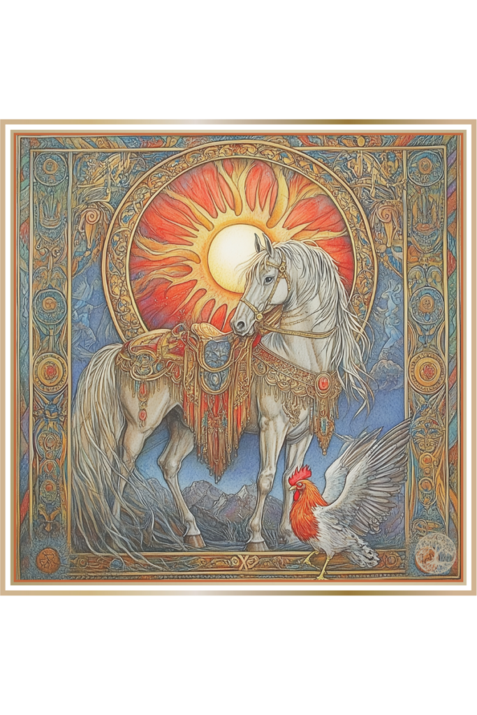 White horse and rooster in front of a radiant sun, surrounded by intricate solar motifs symbolizing Slava's sun cult.