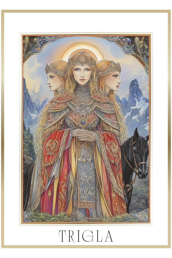 Trigla, the three-headed Slavic goddess of nature and time, with a black horse against a mountainous backdrop.