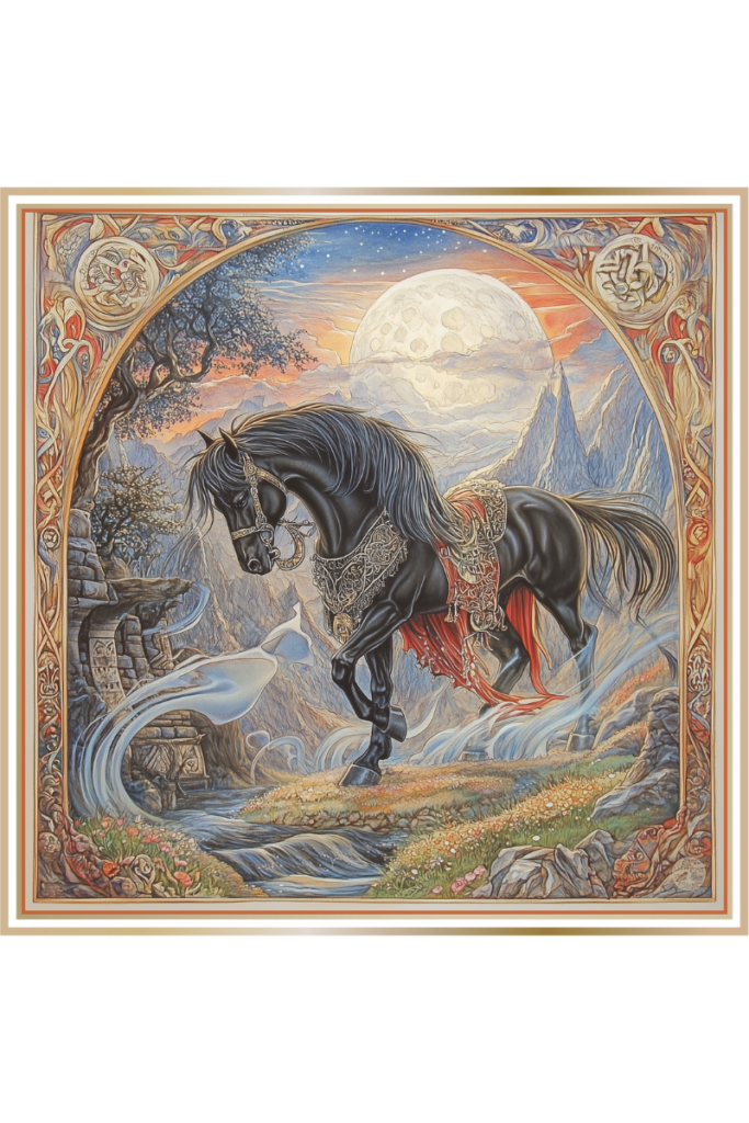 Black horse under a glowing moon, symbolizing Trigla's connection to time and divination, amidst mist and a mystical landscape.