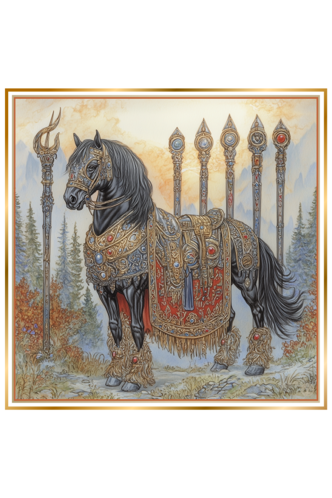 Sacred black horse adorned in a gold and silver saddle, standing before ceremonial lances with Slavic runes, symbolizing Triglav’s divination rituals.