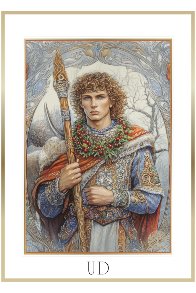 Portrait of Ud, the Slavic deity, holding a wooden spear with rattles and wearing a wreath of kalina berries.