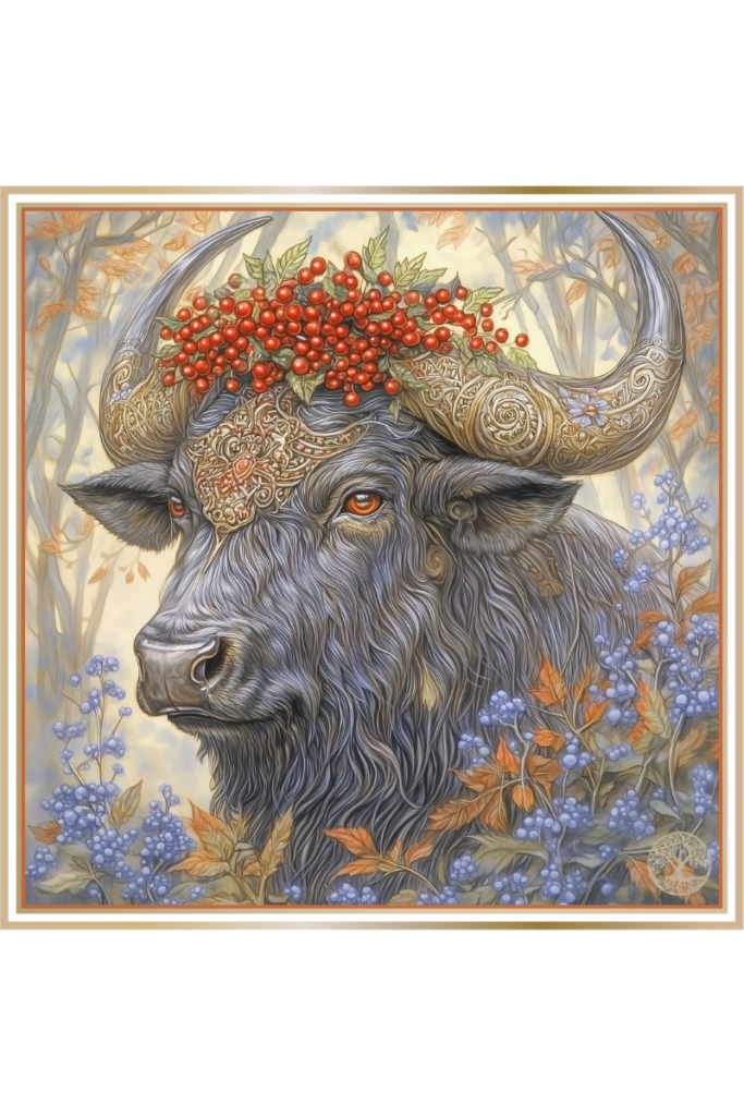 Wild bull with ornate horns and a wreath of kalina berries in a forest setting.