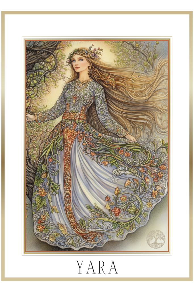 Ethereal depiction of Yara, the Slavic goddess of spring, renewal, and fertility, standing amidst blooming flowers and vines in early spring.