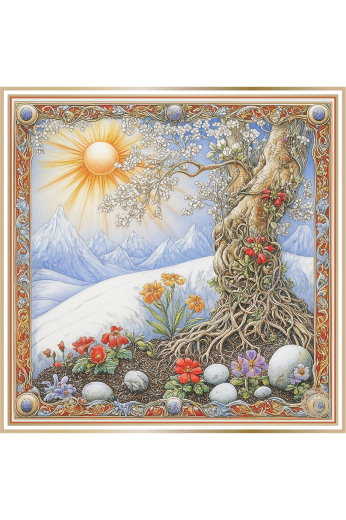 Symbols of Yara, the Slavic goddess of spring, featuring blooming flowers, a twisted tree, and the March sun over a thawing landscape.