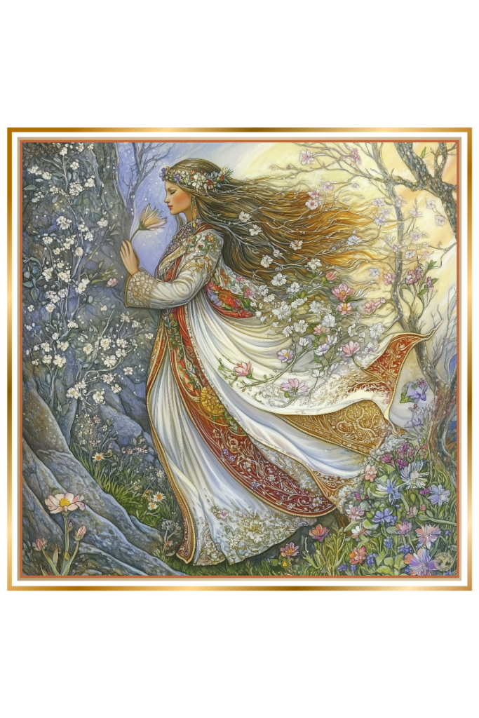 Yara, the Slavic goddess of spring, walking in a blooming landscape, surrounded by flowers and budding trees under the warm March sun.