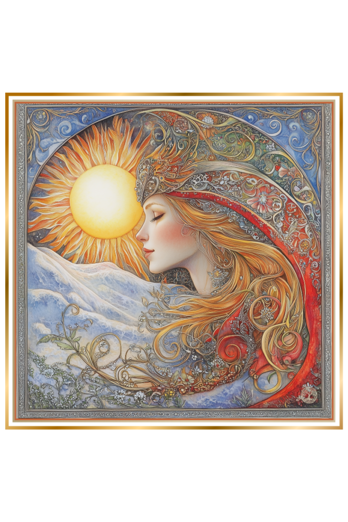 Symbolic portrayal of Yara, the Slavic goddess of spring, with the March sun rising over snow-covered mountains and swirling floral patterns.