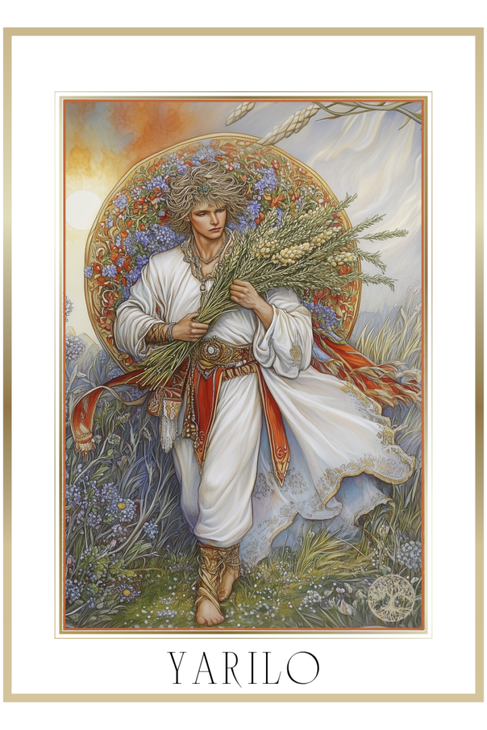 Yarilo, the Slavic god of spring and fertility, holding stalks of rye and herbs, dressed in flowing white robes with a flower wreath.