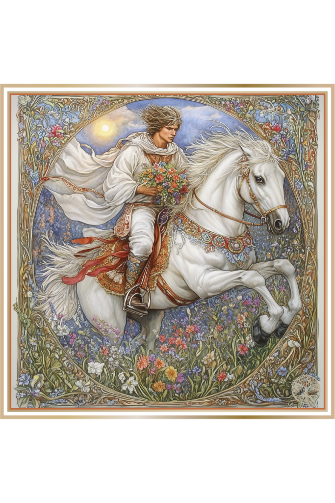 Yarilo, the Slavic god of spring, riding a white horse through a blooming field, holding a bouquet of spring flowers.