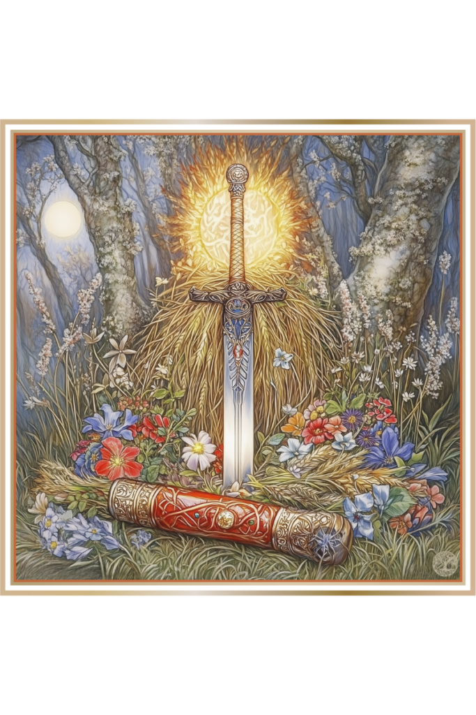 A glowing sword surrounded by rye, flowers, and a straw effigy in a spring meadow, symbolizing Yarilo's fertility and strength.