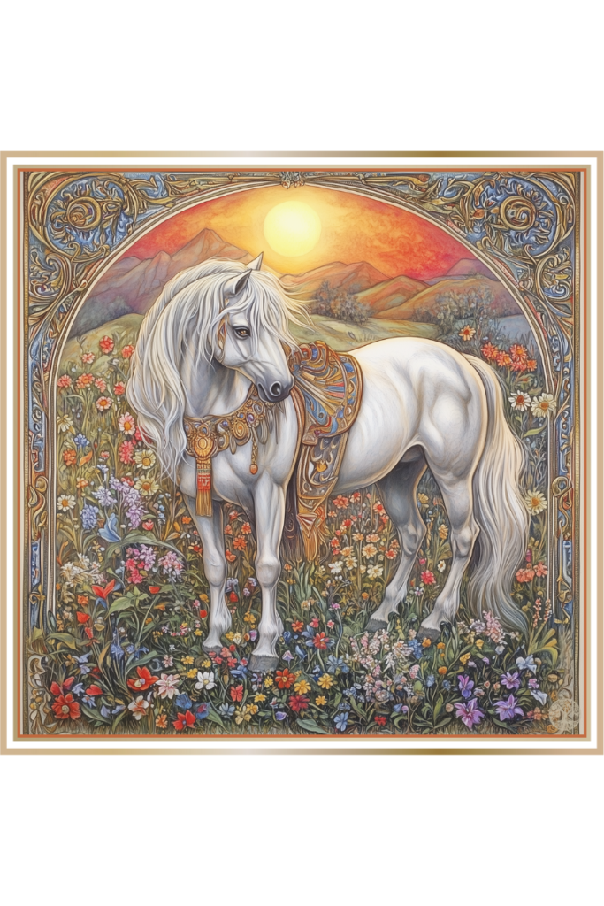 A majestic white horse stands in a blooming spring meadow, symbolizing Yarilo's vitality and connection to fertility.